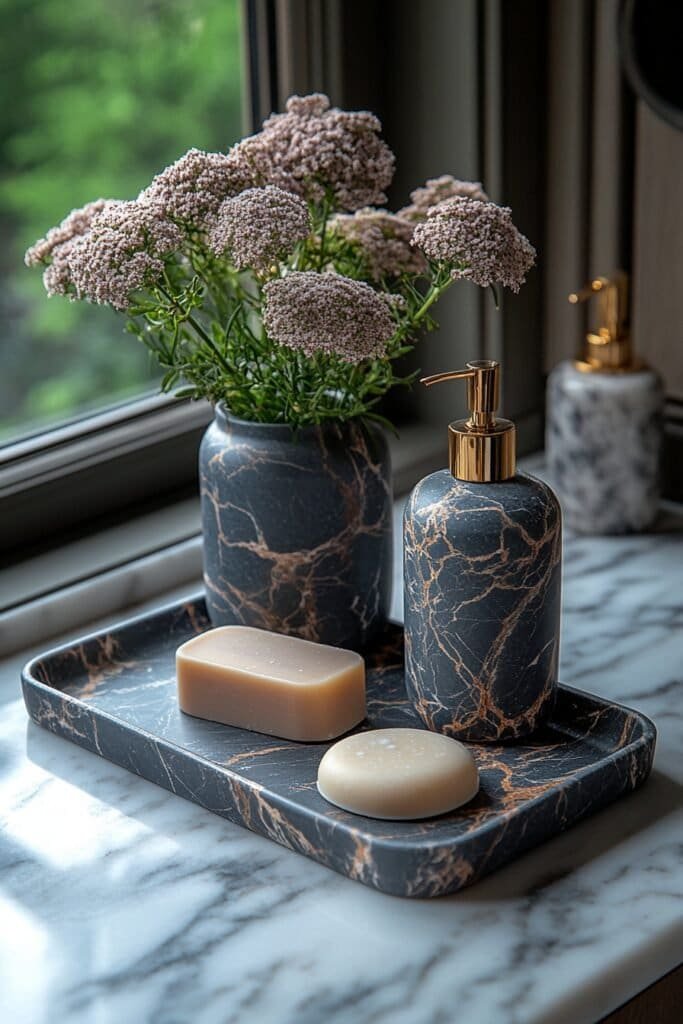 Luxury black marble bathroom accessories set in a modern bathroom