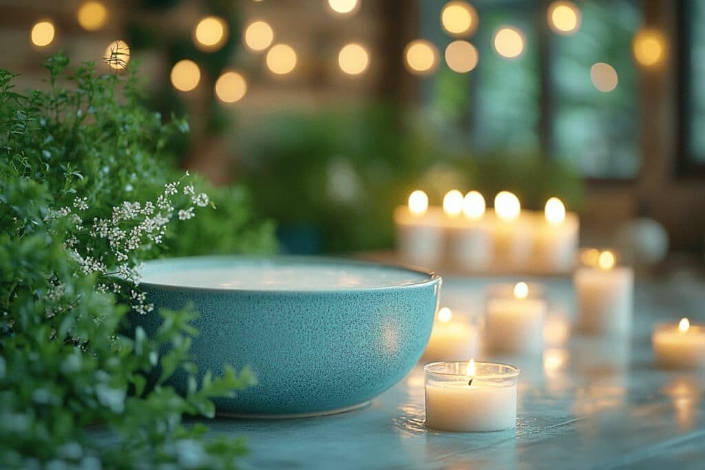 Luxurious milk bath in a spa-like bathroom with candles and plants.