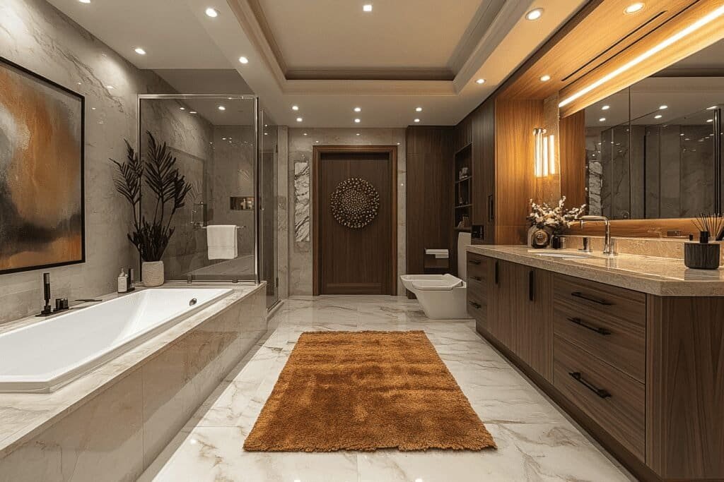 Luxury bathroom with teak wood bathroom accessories and vanity.