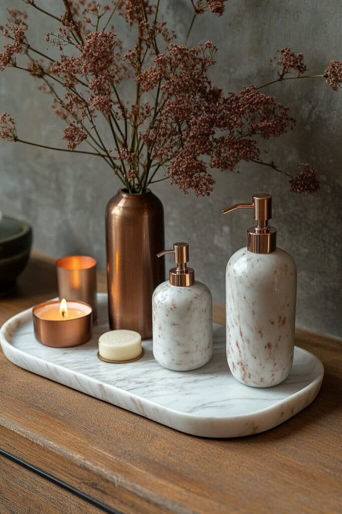 Marble vanity tray with elegant bathroom accessories