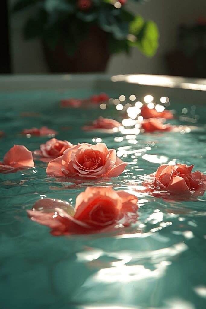 Milk bath with rose petals for a soothing and nourishing skincare treatment.