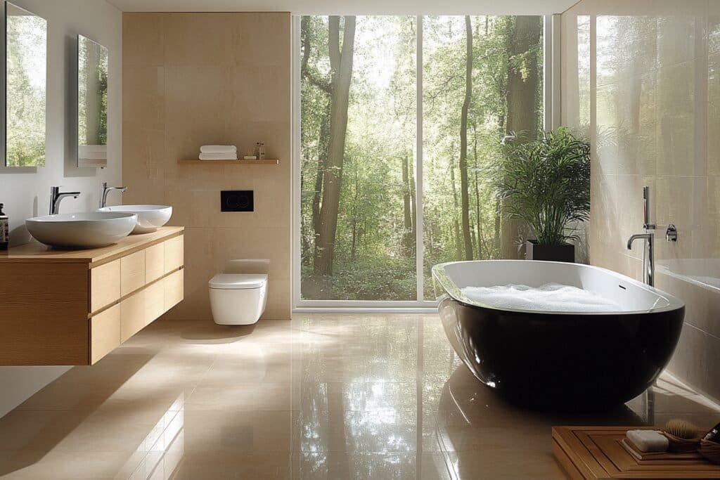 Standard bathroom mirror height in a modern bathroom design.