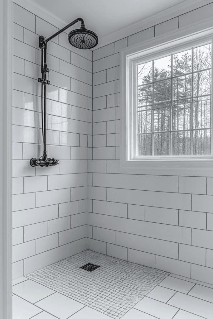 A modern bathroom featuring a walk-in shower and newly installed shower head.