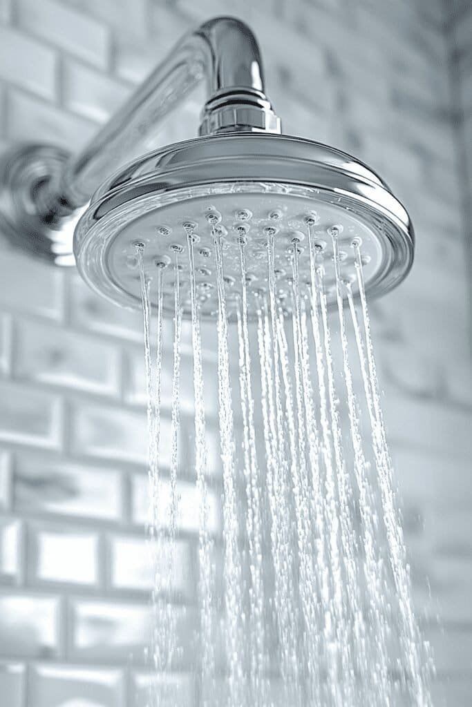 Modern rainfall shower head in a contemporary bathroom.