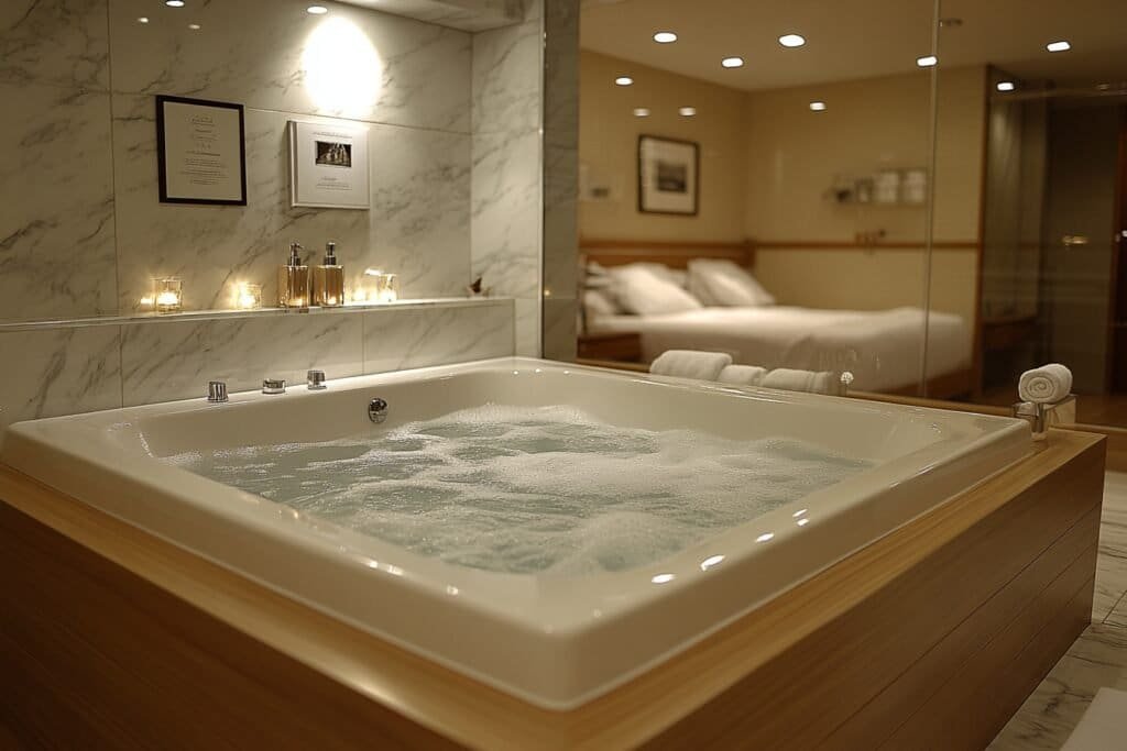 Modern two person bathtub with ideal dimensions for a master bathroom.