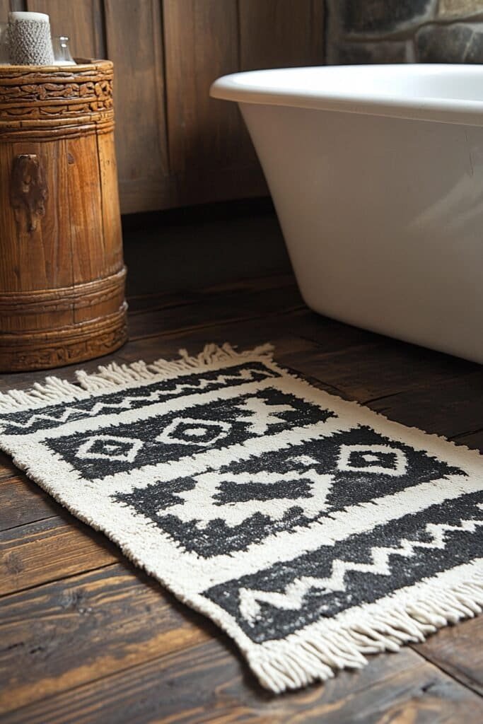 Tribal-patterned rug in a modern bathroom, a Native American accessory.