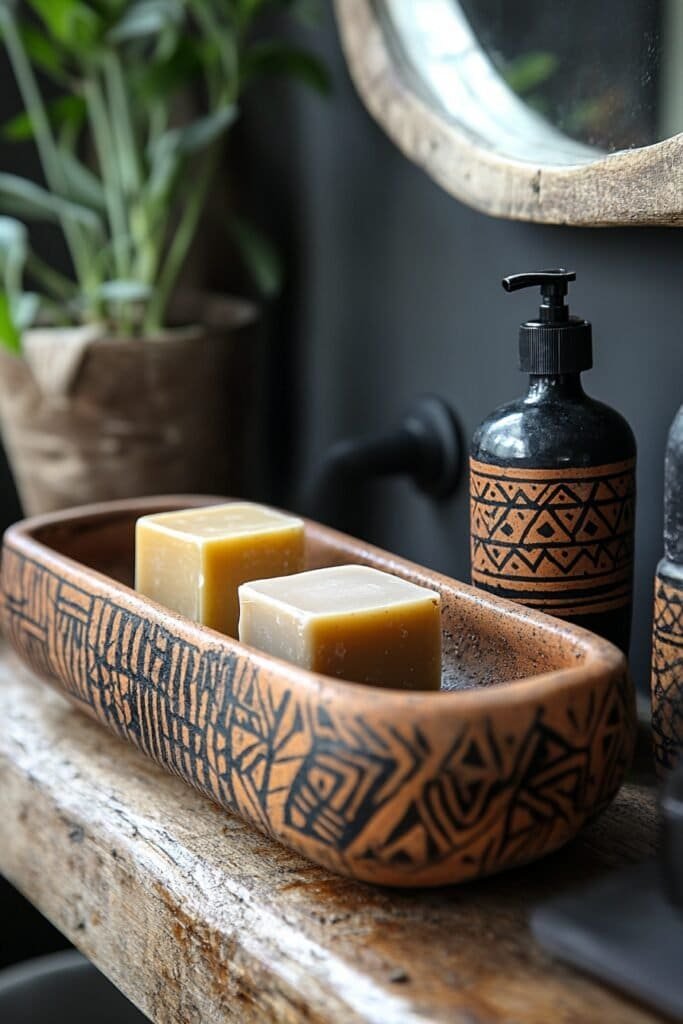 Ceramic soap dish with tribal patterns, a Native American bathroom accessories