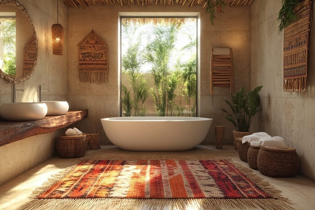 Beautiful bathroom with Native American style, bathed in natural light during golden hour.