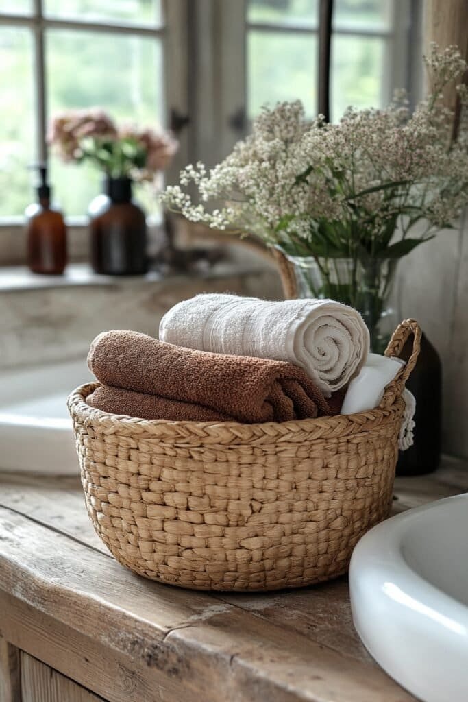 Handwoven wooden basket, a Native American bathroom accessory.