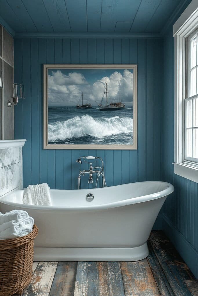 Nautical wall art in a fishing themed bathroom.