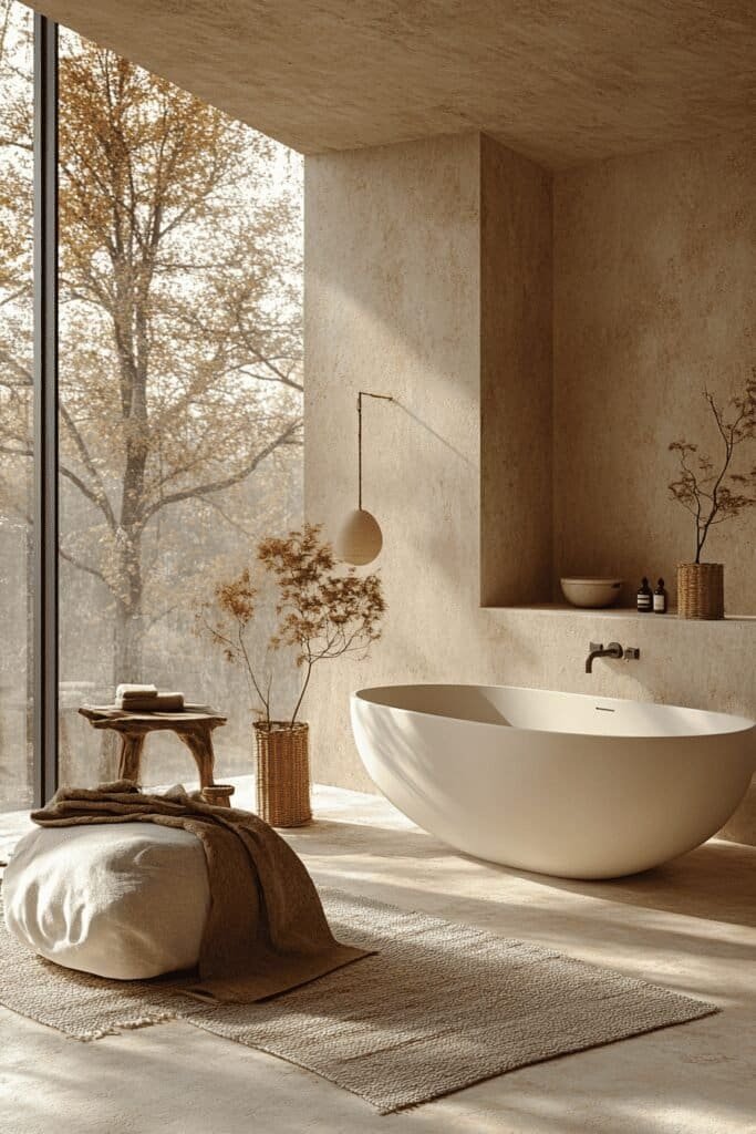 Japandi bathroom design featuring a neutral color palette with soft beige and light grey tones.