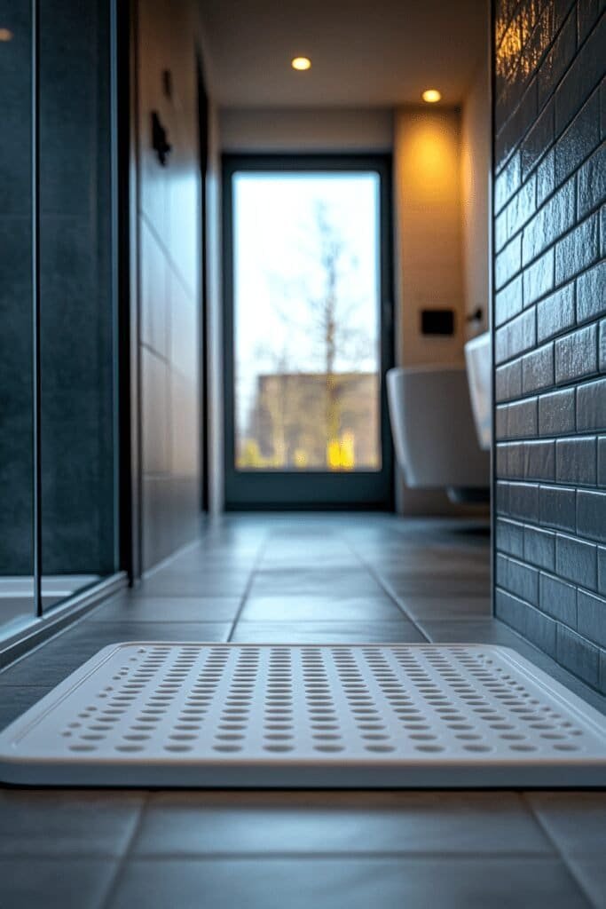 Non-slip mat in a bathroom to prevent falls for elderly users.