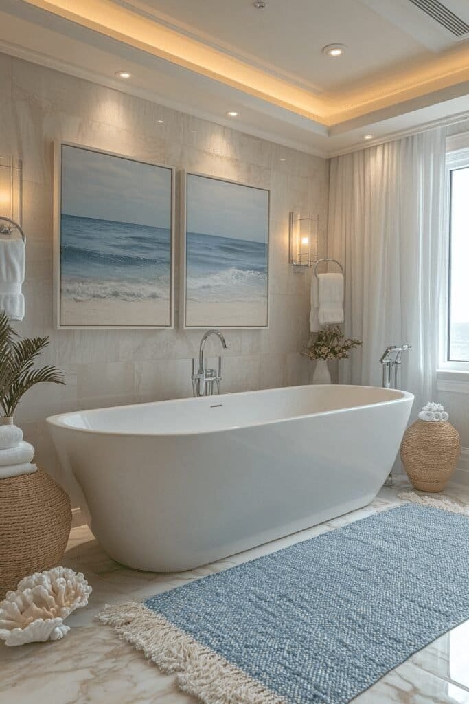 Bathroom featuring ocean-inspired wall art and seaside decor.