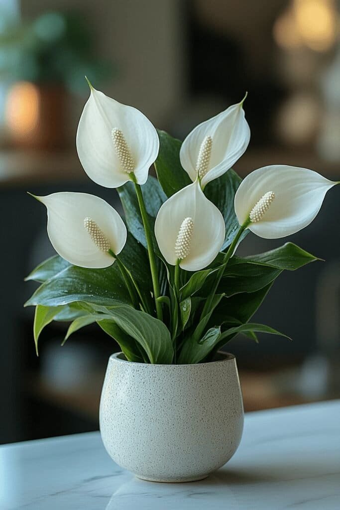 Peace lily on a bathroom counter beside a sink.