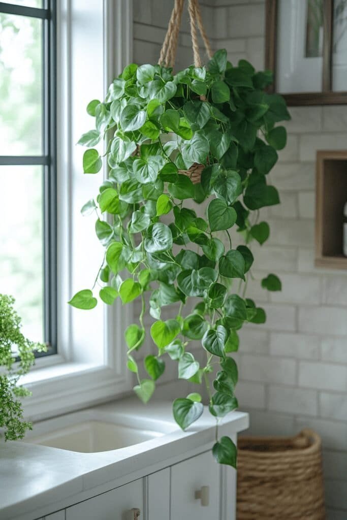 Pothos plant hanging in a humid bathroom near a mirror.