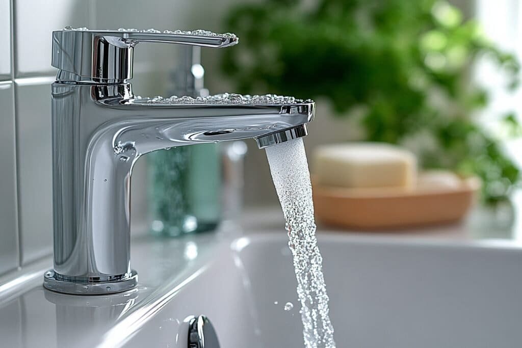 Clean water running from a tap in a modern bathroom.