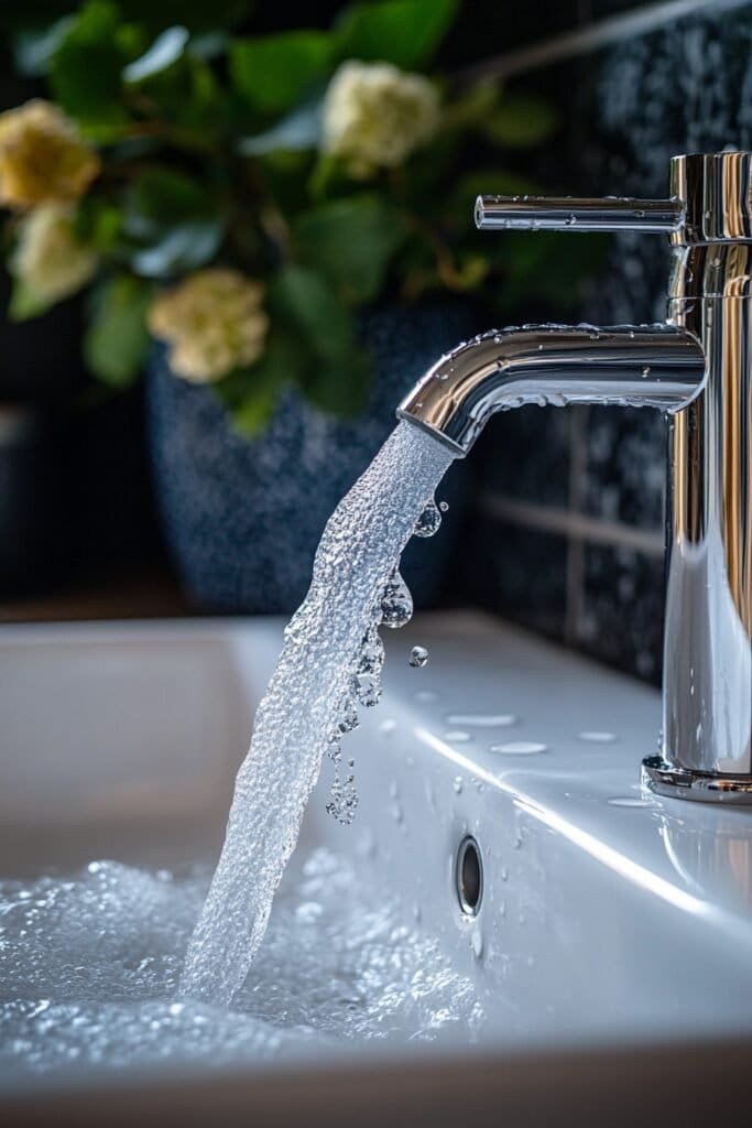 Clean water flowing from a bathroom faucet into the sink.