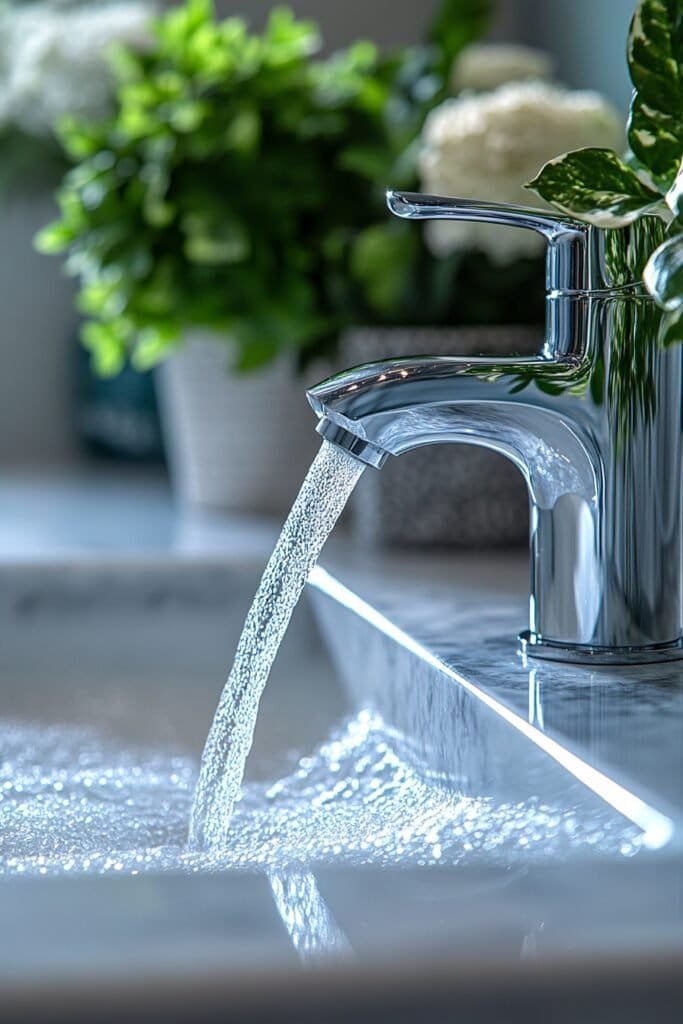 Clear running water from a faucet into a bathroom sink.