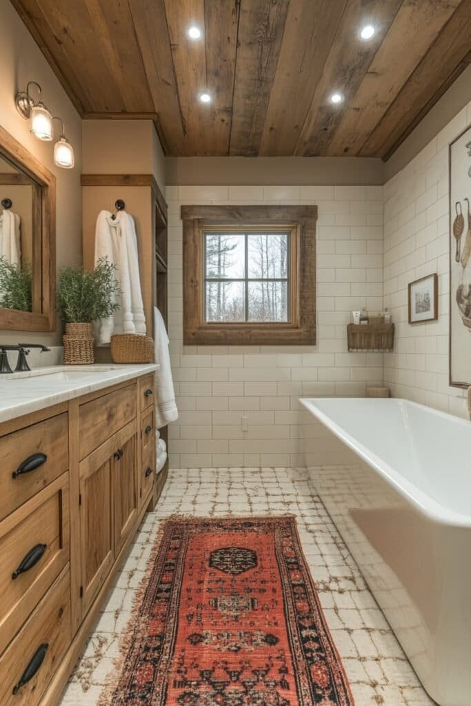 Rustic bathroom with a clean mirror and soft, natural lighting.