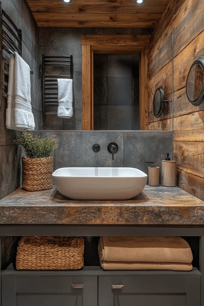 Rustic log cabin bathroom with wood and metal accents.