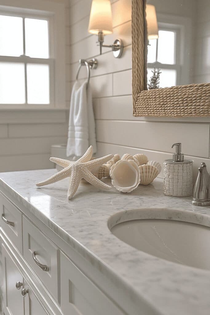 Coastal bathroom with seashell-themed accessories and nautical decor.