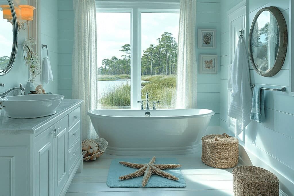 Nautical-themed bathroom with seaside accessories and blue accents.