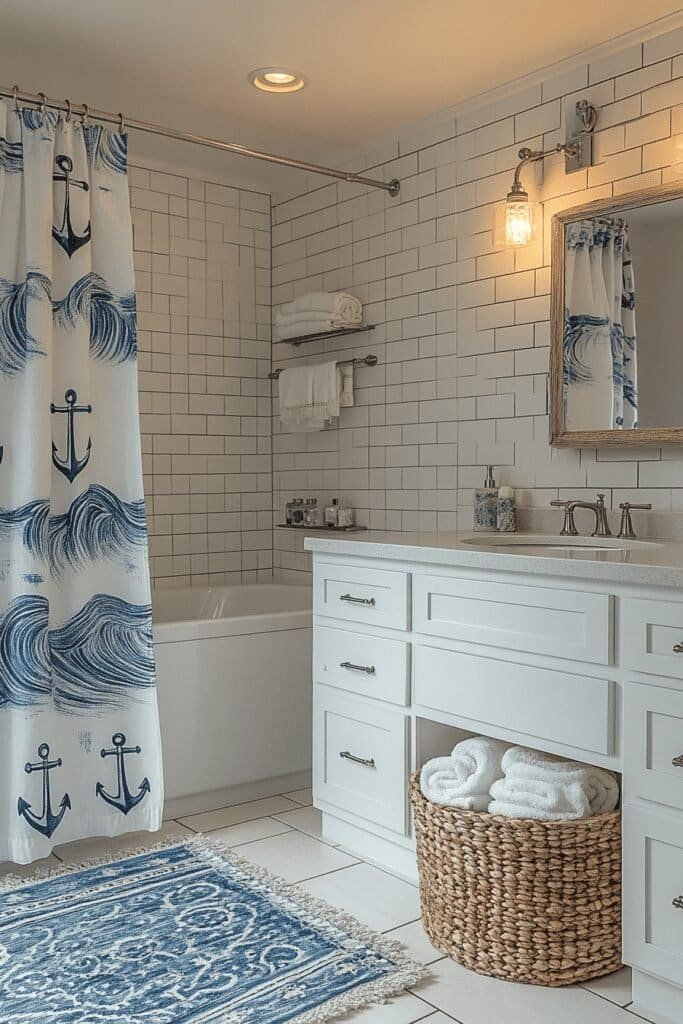 Bathroom with a nautical-themed shower curtain and beach accessories.