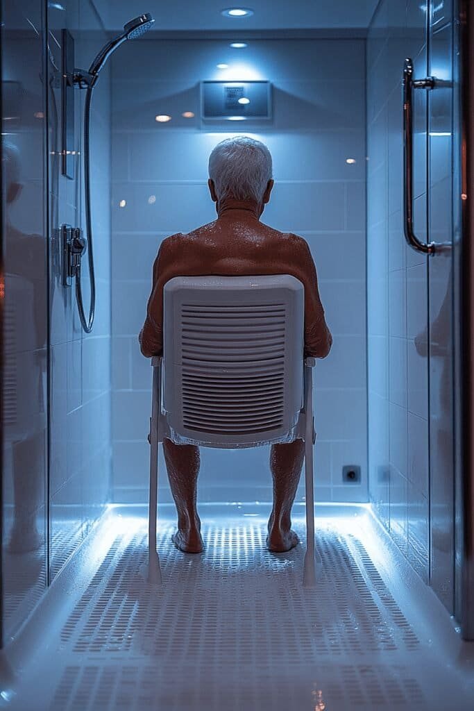 Shower chair in an elderly-friendly bathroom for safe seating.