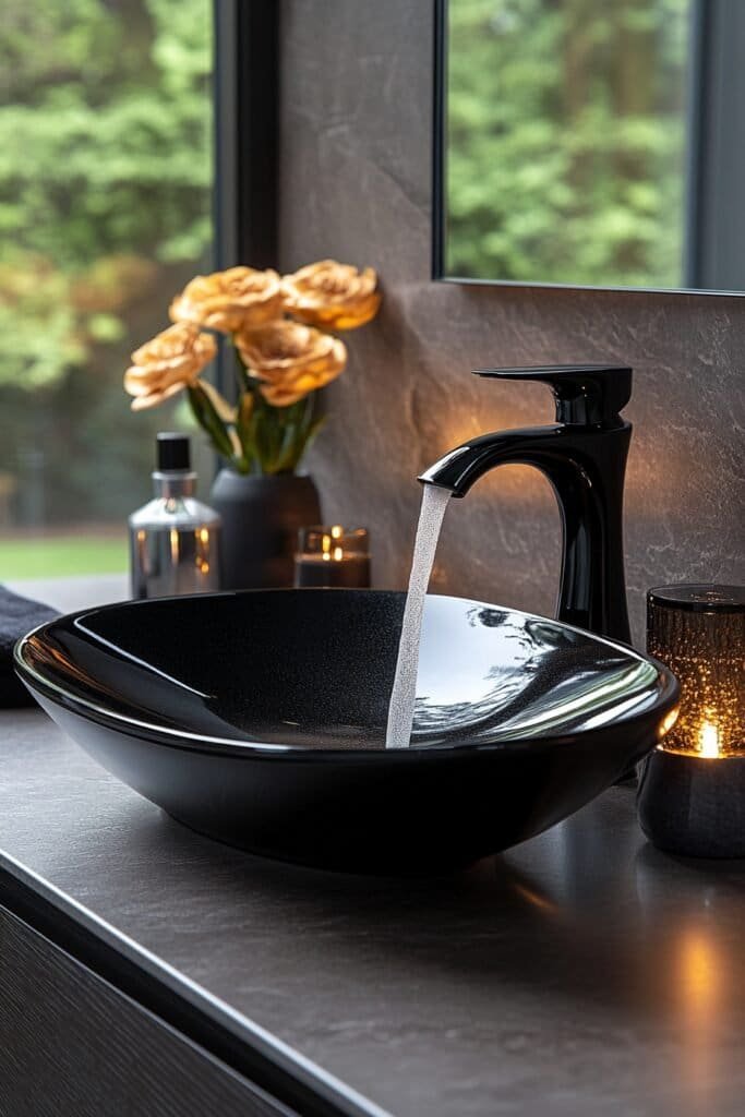 Matte black faucet and accessories in an elegant bathroom