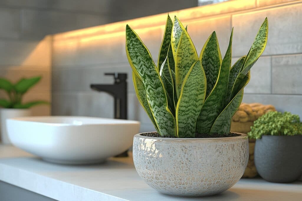 Snake plant in a minimalist bathroom near the sink.