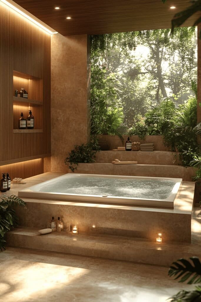 Spa-like bathroom with a modern bath, greenery, and calming decor.