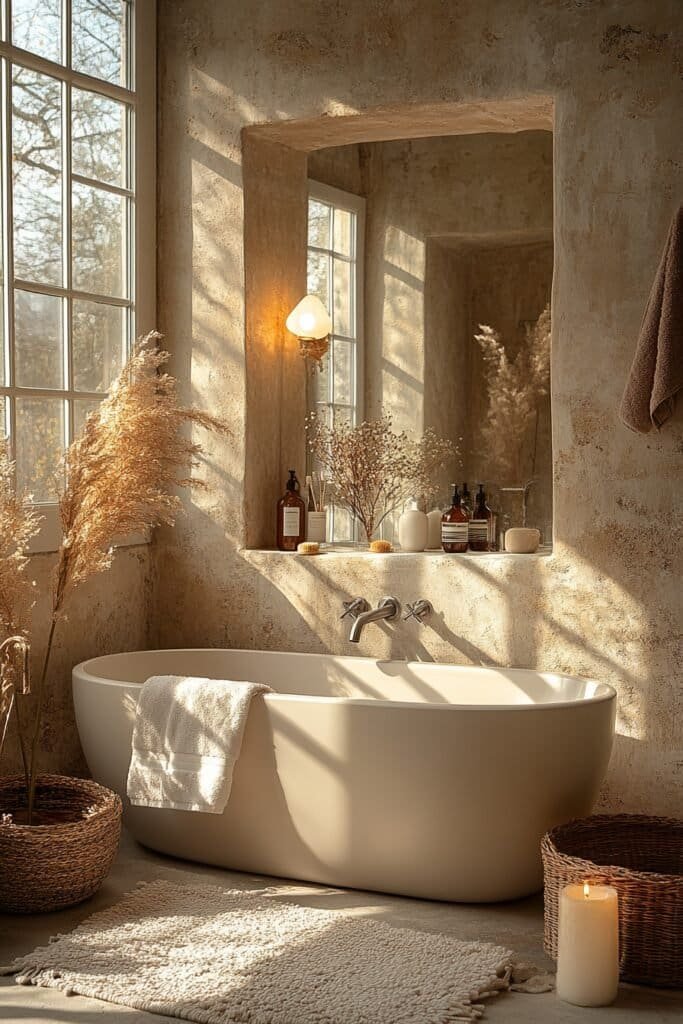 Spa-style bathroom with a clean mirror and warm, relaxing lighting.