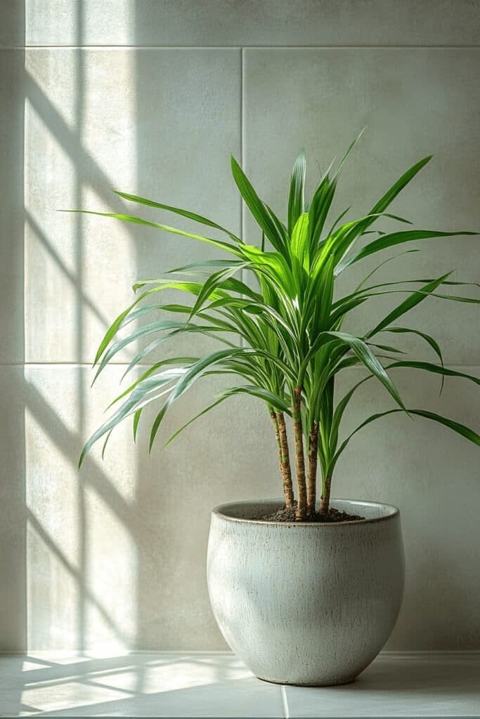 Spider plant thriving in a low light bathroom corner.