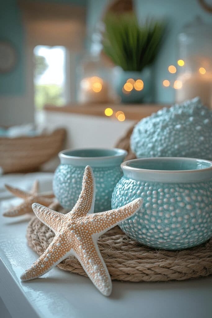 Seaside bathroom with starfish decor and nautical-themed accessories.