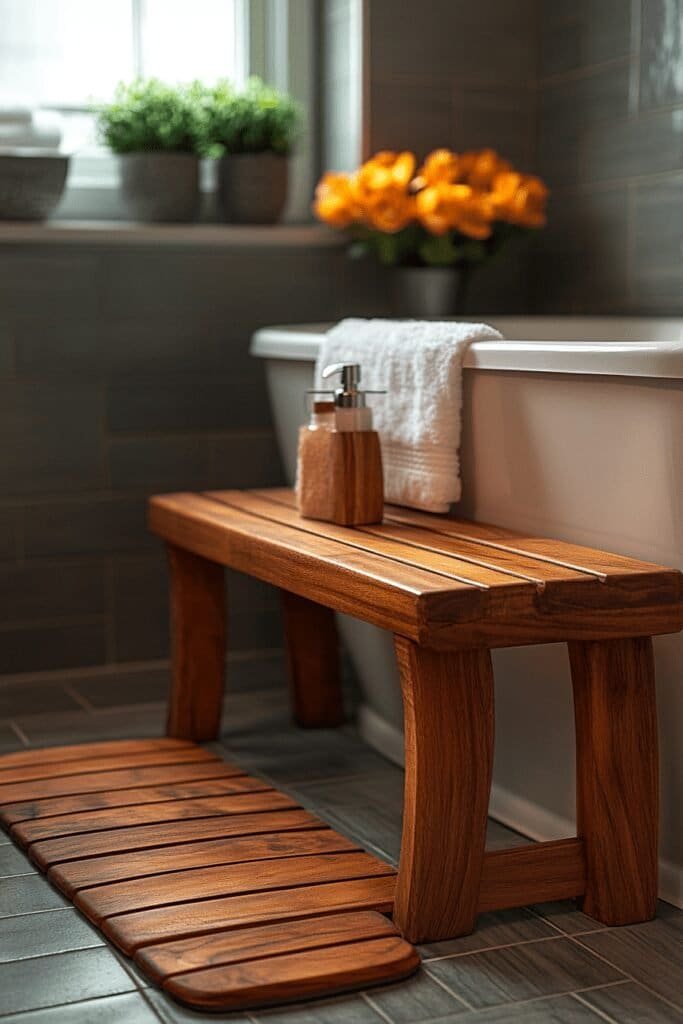 Teak wood accessories in a senior-friendly bathroom setup.