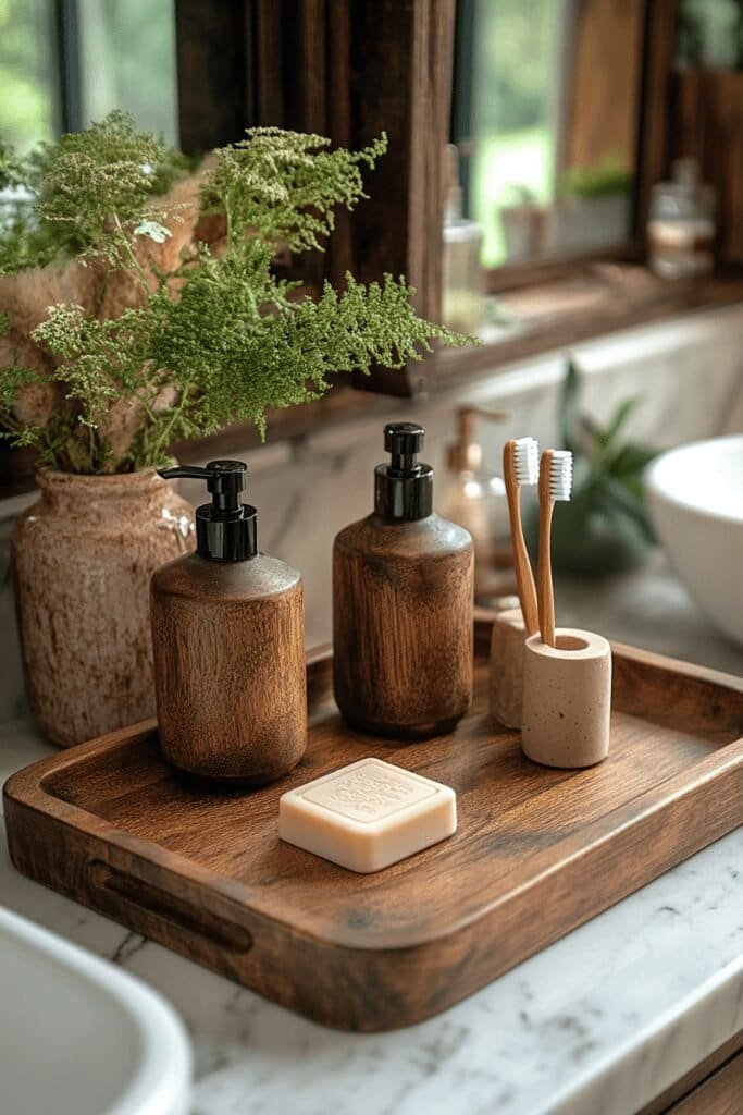 Teak wood bathroom accessories set with soap dish and toothbrush holder.