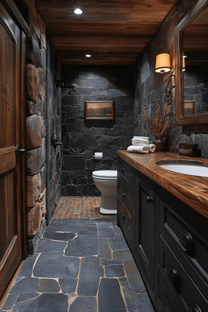 Rustic bathroom with a teak wood cabinet and stone accents.