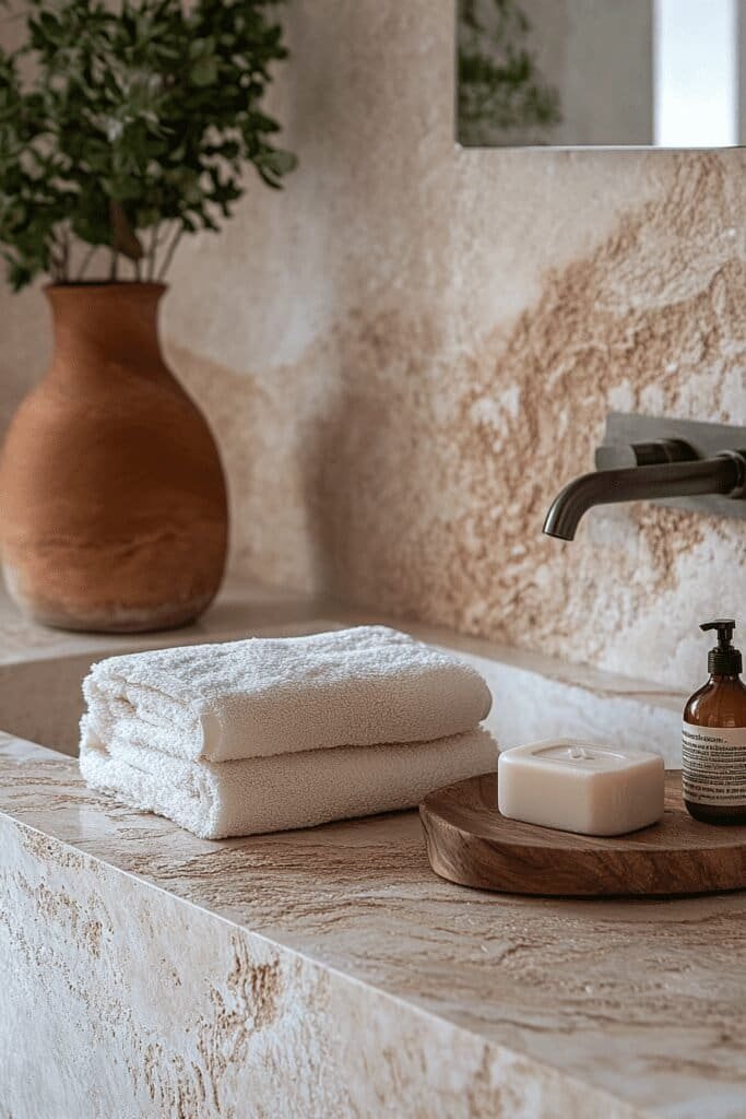 Minimalist bathroom with teak wood soap holder and towel rack.