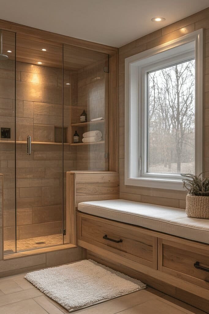 Teak wood shower bench inside a modern glass-enclosed shower.