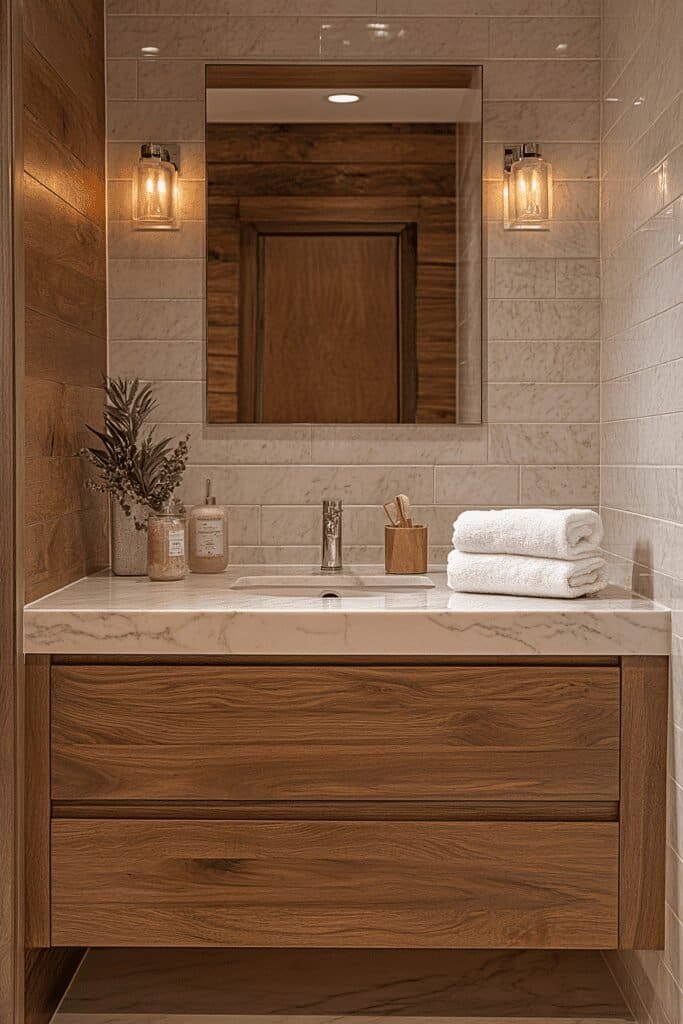 Modern bathroom with a sleek teak wood vanity and marble countertop.