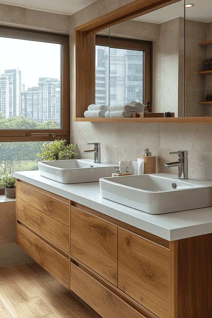 Double-sink teak wood vanity in a spacious, contemporary bathroom.