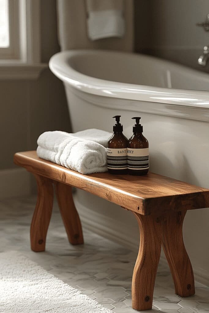 Teak wood shower bench as part of elderly bathroom accessories.