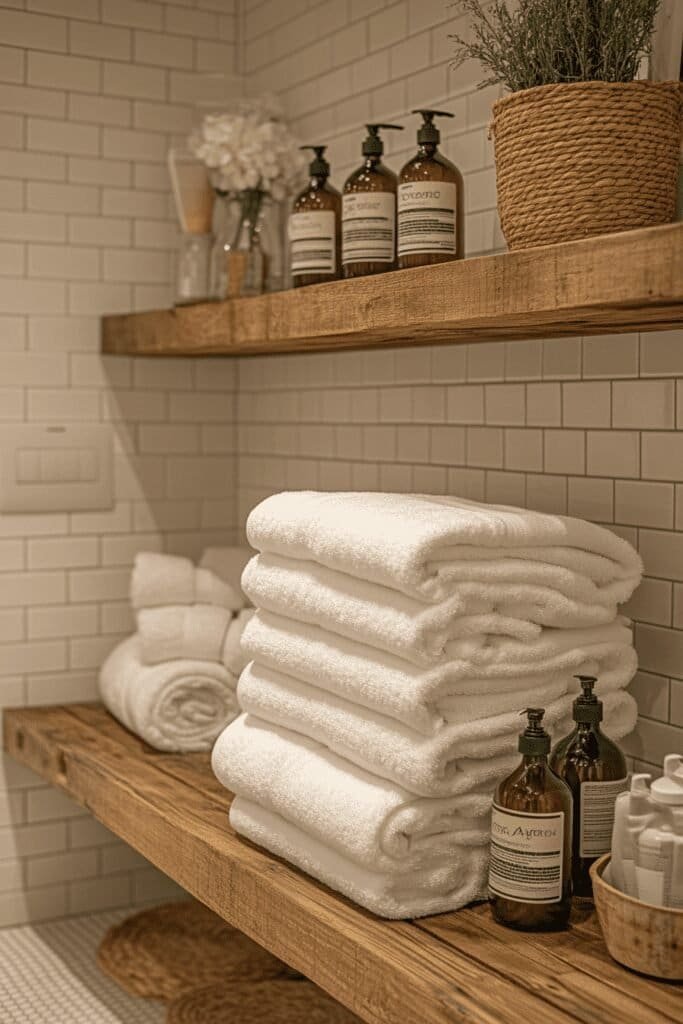 Teak wood shower shelves holding bath products in a spa-like bathroom.