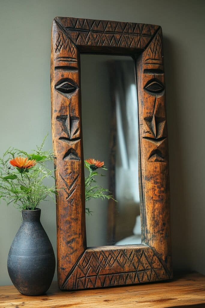 Carved wooden mirror frame, inspired by Native American designs.