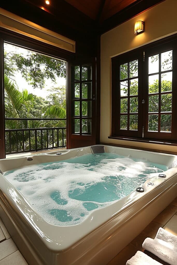 Two person bathtub in a luxury hotel suite bathroom.