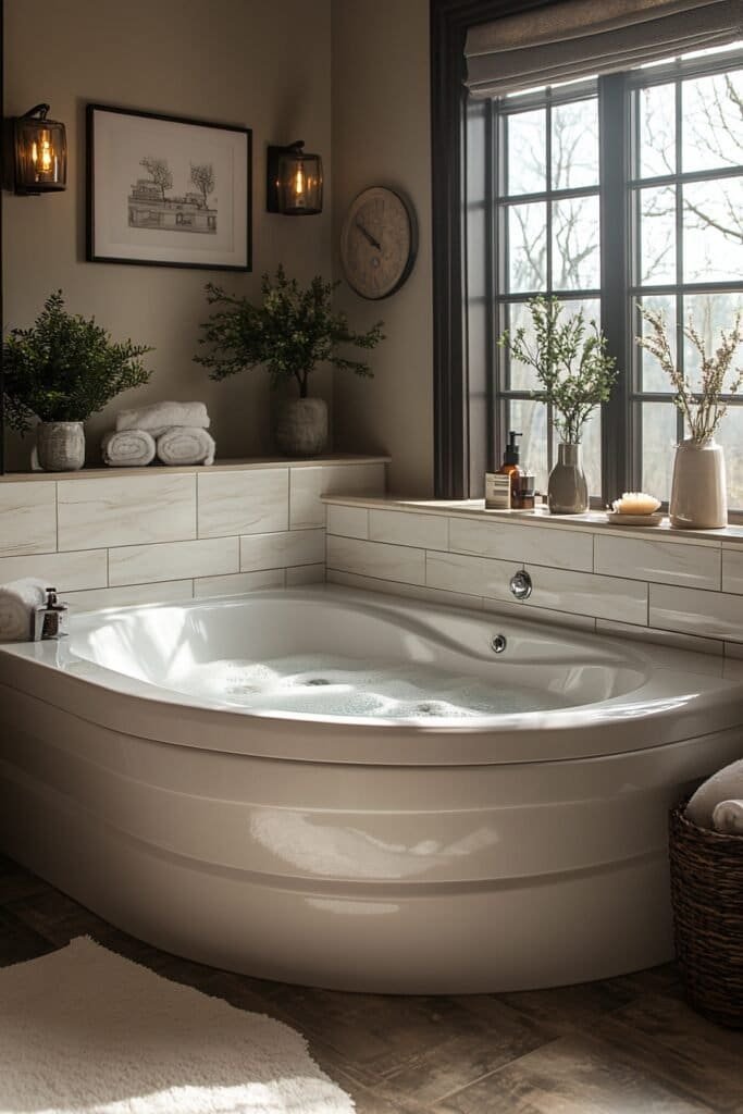 Two person corner bathtub with space-saving dimensions.