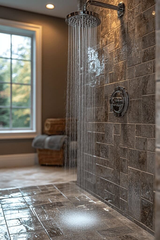 Water dripping from a high-pressure shower head in a tiled shower.