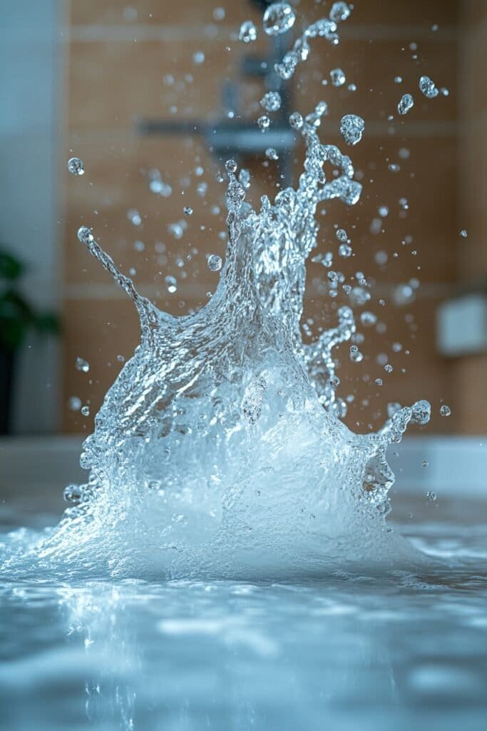 Clean water splashing onto a modern bathroom floor.