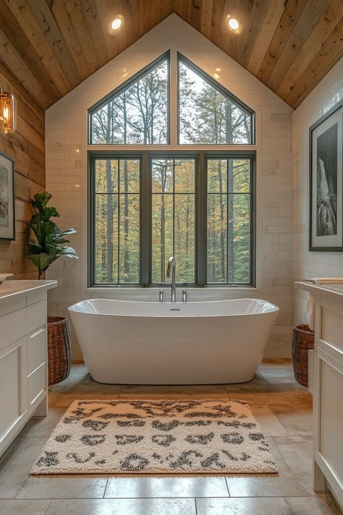 Forest-inspired bathroom with wildlife bathroom accessories and natural lighting.