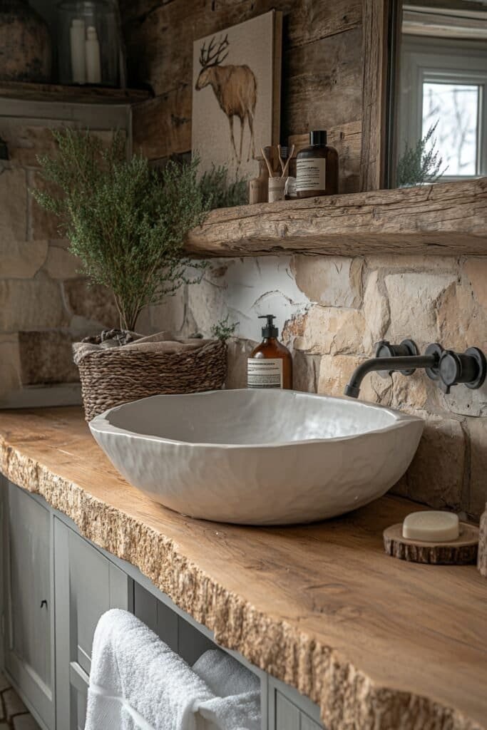 Elegant wildlife-themed bathroom design in a rustic lodge.